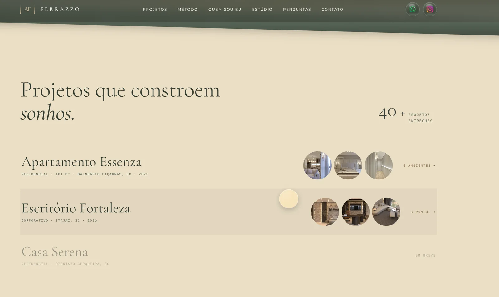 Página de projetos do site de Ana Ferrazzo