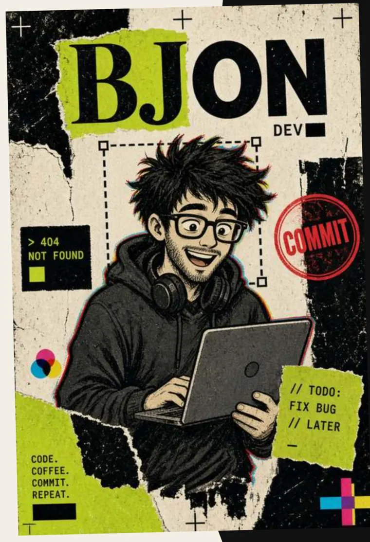 Cartaz da marca Bjon Dev com o personagem