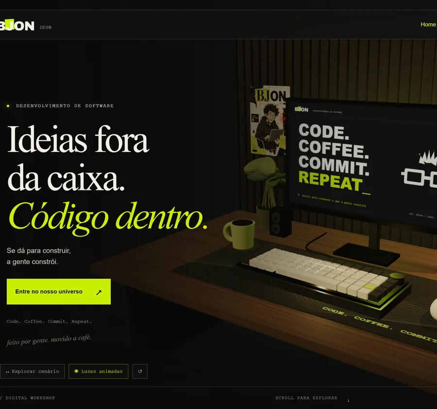 Abertura do site da Bjon Dev, com a cena 3D da mesa de trabalho